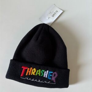 Unisex Thrasher Black Beanie with Multicolor Logo